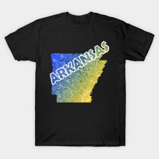 Colorful mandala art map of Arkansas with text in blue and yellow T-Shirt